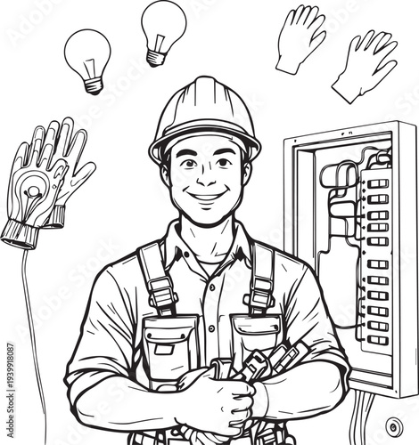Electrician at electrical panel tools safety gear profession utility work awareness vector illustration design