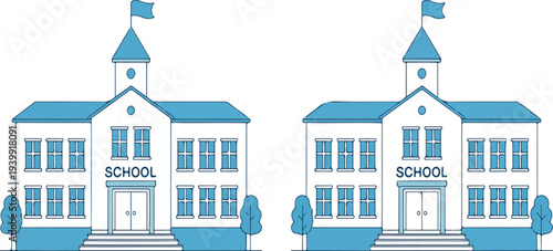 Vector illustration of two traditional school buildings with front steps flagpoles and classic architecture in minimalist blue line art style