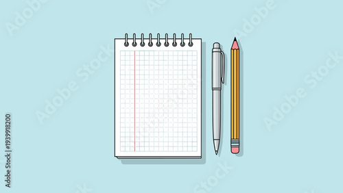 Spiral-bound notepad with grid paper, alongside a pen and a pencil, perfect for planning, taking notes, or sketching ideas.