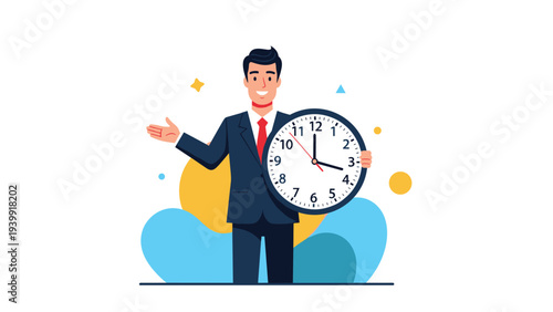 Smiling businessman confidently presenting a large analog clock, symbolizing excellent time management and efficient scheduling.