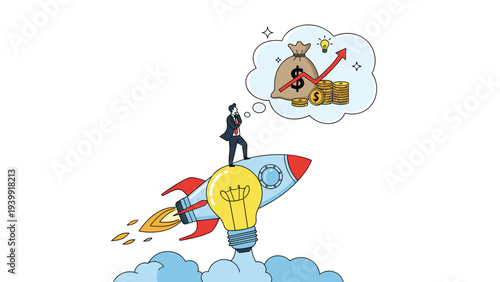 Businessman on a rocket with a lightbulb, looking at a thought bubble filled with money and a growth graph, symbolizing startup ideas and financial ambition.