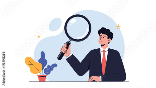 Smiling businessman holding a large magnifying glass, symbolizing thorough search, detailed analysis, and careful investigation.