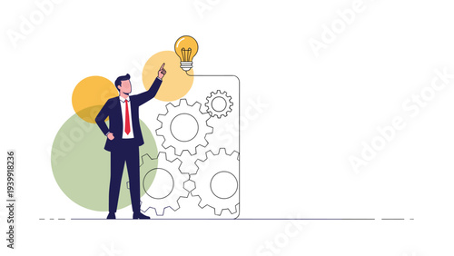 Businessman pointing at an illuminated lightbulb above interconnected gears, symbolizing problem-solving, innovation, and mechanical idea generation.
