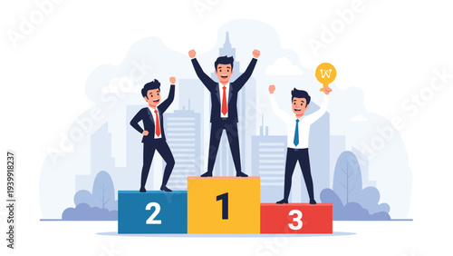 Three victorious businessmen celebrating on a winners' podium, with the central figure holding a trophy, symbolizing team success and achievement.