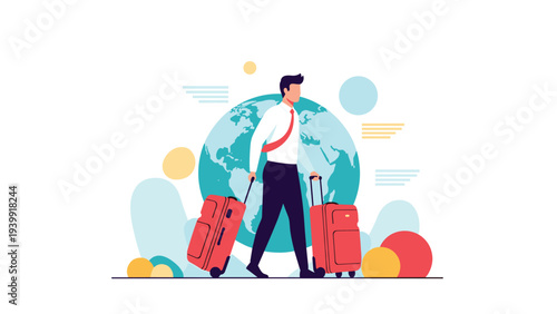 Businessman confidently walking with two red suitcases in front of a large globe, symbolizing global business travel and international opportunities.