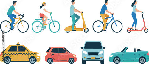 Modern People Riding Bicycles Scooters and Driving Cars Colorful Urban Transport Vector Illustration with Everyday City Mobility Characters