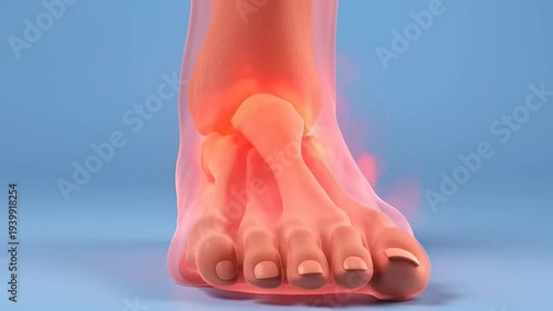 Anatomical illustration of a human foot and ankle showcasing inflamed bones and joints, highlighting pain and discomfort associated with foot conditions and injuries