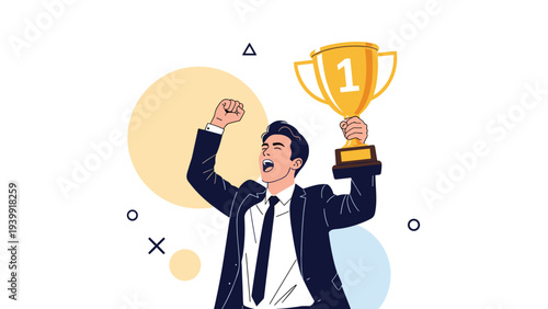 Ecstatic businessman raising a golden trophy triumphantly, symbolizing ultimate victory, outstanding achievement, and business success.