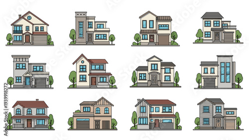 Collection of diverse modern house designs, showcasing residential architecture, various housing styles, and real estate options.