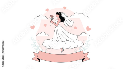 Elegant bride in a wedding dress gracefully floating on a cloud, holding a rose, symbolizing romance, dreams, and bridal beauty.