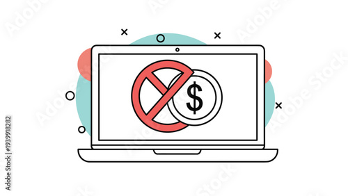 Laptop screen displaying a "no money" symbol, indicating free services, no cost, or avoiding financial charges.