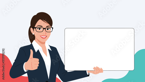 Smiling businesswoman in glasses holding a blank signboard and giving a confident thumbs-up, ready for a positive message.