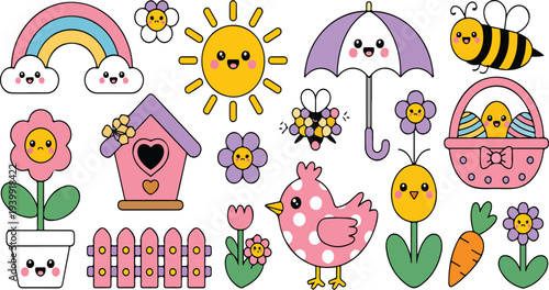 Cute Spring and Easter Kawaii Illustration Set with Rainbow Bunny Egg Flowers Birdhouse Bee Umbrella and Pastel Nature Elements