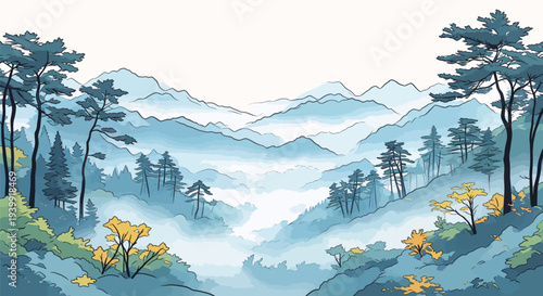 The scene shows mountains covered in fog with trees in shades of green and yellow during daytime in a natural setting.