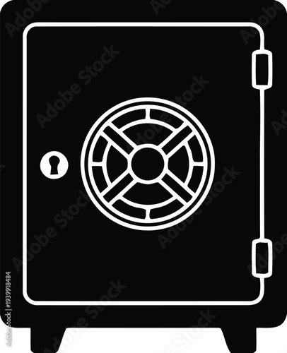 Black and white of a safe with a circular dial and handle