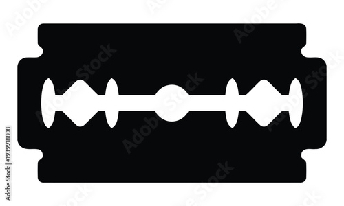 Black and white razor blade with teeth and center hole