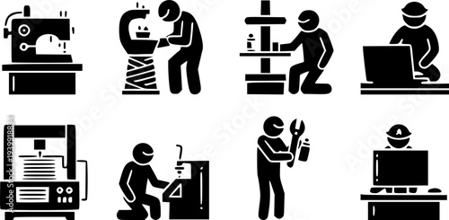 Workshop and production vector icon set. Pictograms of people working with machines, computers, and tools isolated on white background