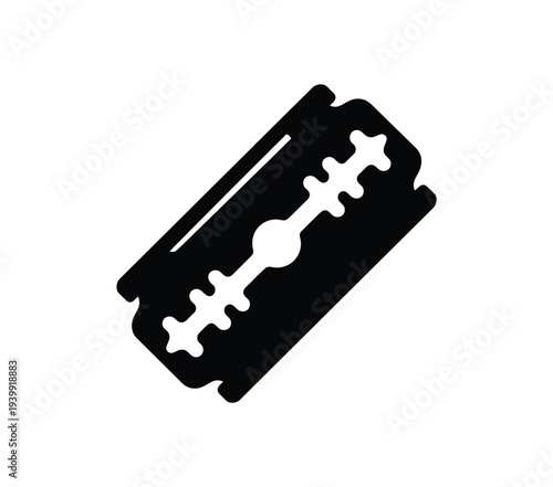 Black and white razor blade with serrated edges and central hole