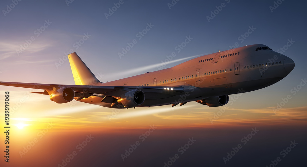 Fototapeta premium Commercial airplane flying at sunset golden hour light illuminating the aircraft against a dramatic sky concept for travel and aviation