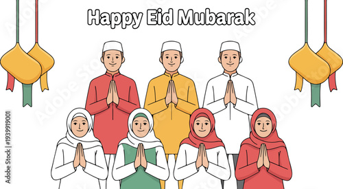 Happy Eid Mubarak Family Illustration with Muslim Men and Women Praying Together Traditional Clothing Ketupat Decorations Islamic Celebration Scene