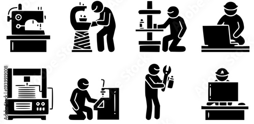 Workshop and production vector icon set. Pictograms of people working with machines, computers, and tools isolated on white background