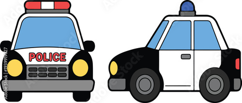 Police Car Illustration Set with Front and Side Views Patrol Vehicle Emergency Lights Law Enforcement Transport Vector