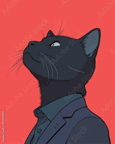 A black cat dressed in a suit looks up with curiosity while set against a bright red background in a creative artwork scene.