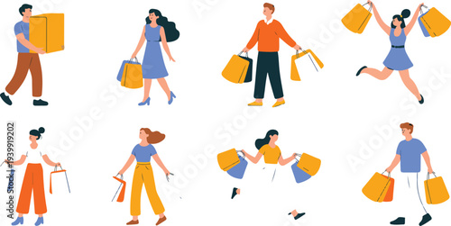 People Shopping Illustration Set with Men and Women Carrying Bags Walking with Cart Retail Purchases and Consumer Lifestyle Vector