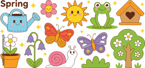 Cute Spring Nature Illustration Set with Kawaii Flowers Butterflies Frogs Snail Sun Watering Can Tree and Garden Elements Seasonal Vector