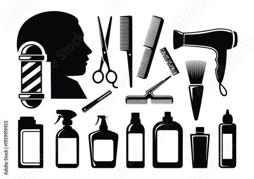 Black and white silhouette of hairdressing tools and products