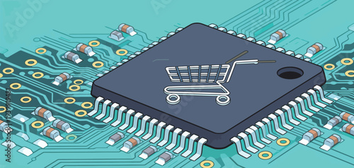 A shopping cart symbol is on a computer chip. The chip is on a green circuit board filled with electronic components.