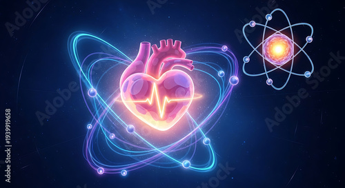 glowing anatomical heart with ecg line orbited by atomic structures symbolizing the nexus of life biology and molecular science.