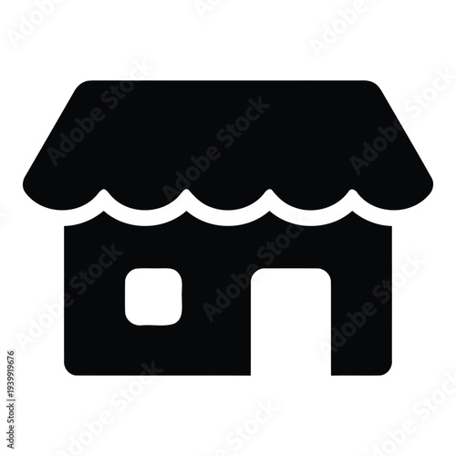 Black and white simple shop building with awning and door
