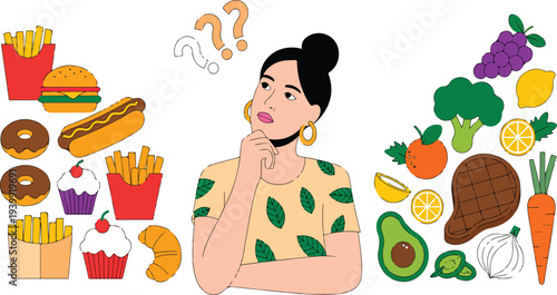 Woman Choosing Between Healthy Food and Junk Food Illustration with Question Marks Diet Decision Nutrition Comparison Lifestyle Choice Vector