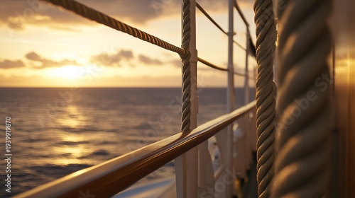 starboard. Serene view from a ship's side with golden sunset over calm ocean and gentle waves. inspiring travel planning, tourism brochures, designed for travel destination branding.