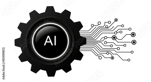 ai artificial intelligence concept illustrated by a black gear and an electronic circuit board representing technology innovation.