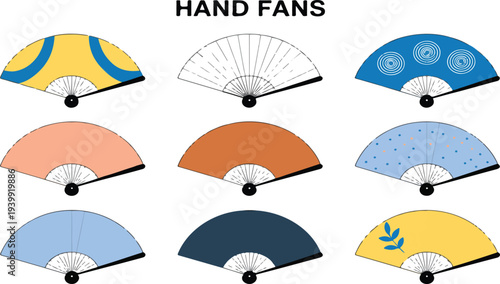 Hand Fan Vector Illustration Set with Traditional Folding Fans in Various Colors Patterns Summer Accessories Cultural Decorative Designs