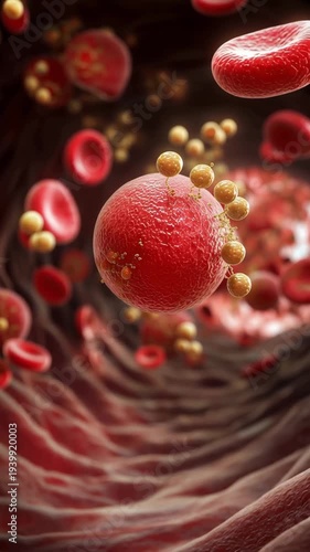 Microscopic 3D illustration of red blood cells and particles flowing in a vein