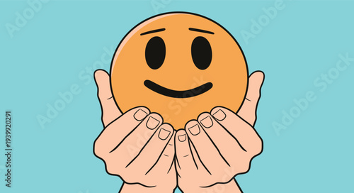 Two hands are gently holding a yellow smiley face icon on a light blue background. The design is simple and bright.