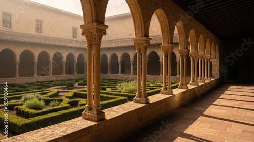 Sunlit cloister courtyard garden with stone arches and green hedges