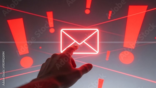 Urgent red neon email notification, illustrating crisis communication management, emergency alert, and corporate messaging.