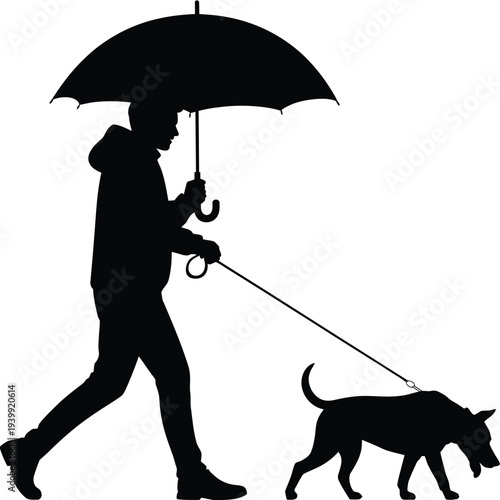 Black silhouette of person walking dog with umbrella