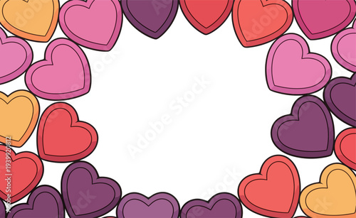 Bright hearts in different colors create a frame around an empty area, ready for text or additional graphics, perfect for greeting cards.