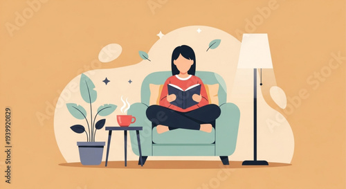 Woman relaxing with book in cozy living room with plant and lamp enjoying leisure time at home feeling calm and focused in a peaceful atmosphere with warm lighting