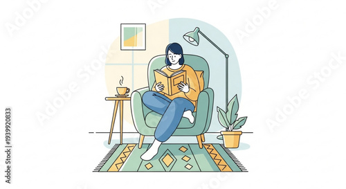 Woman relaxing in armchair with book in cozy living room with plant and lamp