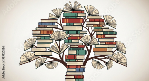 Colorful tree made of stacked books with open book leaves on white background symbolizing knowledge and education