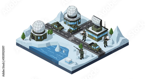 Isometric 3D illustration of a military base in a snowy landscape with domed structures and personnel, featuring a frozen lake and strategic defenses.