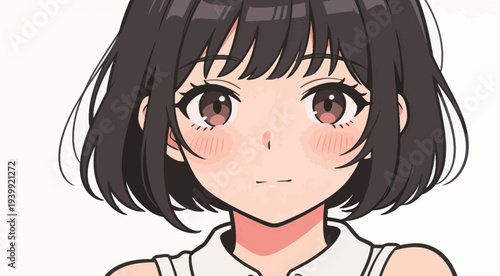 A young girl with brown hair and large eyes looks at the viewer with a gentle smile. The background is plain and light.