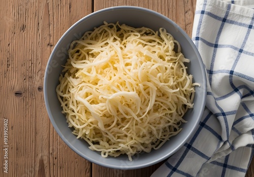 Bowl of shredded cheese on a wooden table