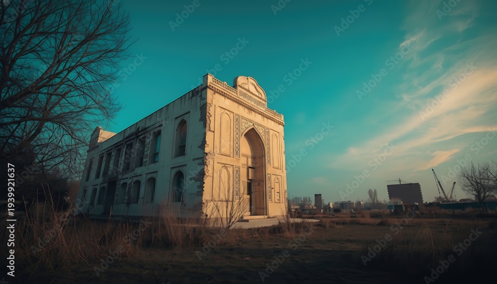 Obraz premium Abandoned building with large archway standing alone in a desolate landscape under a blue sky